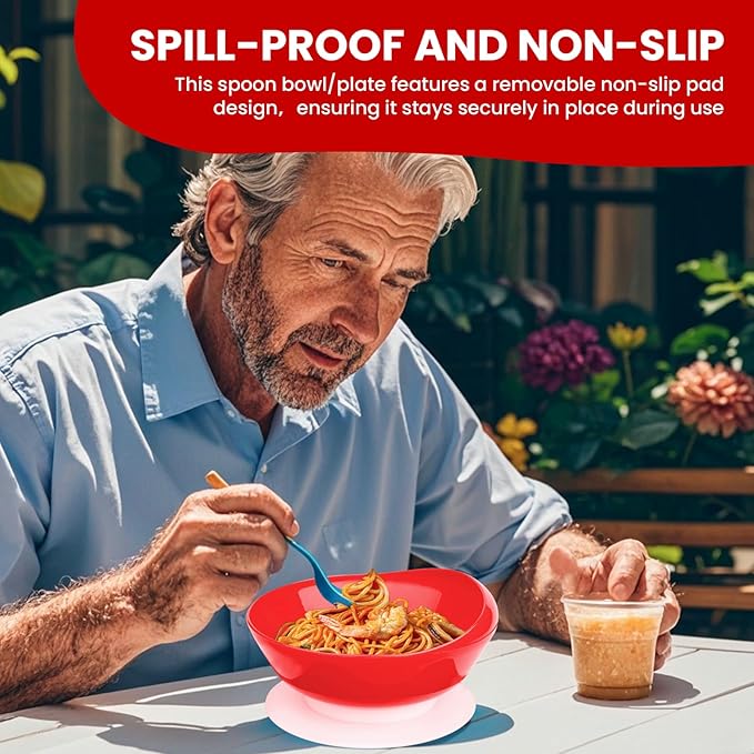 2Pack Spill Proof Scoop Bowl with Non-Skid Suction Base, Adaptive Self-Feeding Dinnerware for Elderly and Disabled(Red)