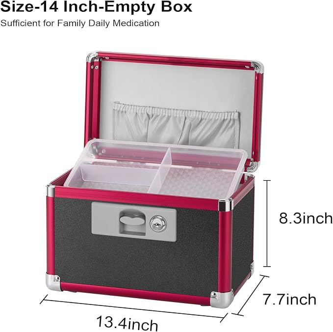 Medicine Lock Box with Key Lock - 14" Hard Case First Aid Safe Medication Storage with Removable Tray & Pockets for Pills, Home, Car & Outdoor - Black Red [with Strap]