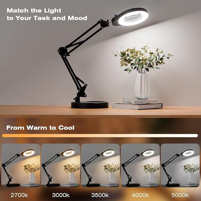 10X Magnifying Glass with Light and Stand, 5 Color Modes Stepless Dimmable LED Magnifier, Hands Free Desk Lamp with Clamp for Close Work Craft Reading Repair