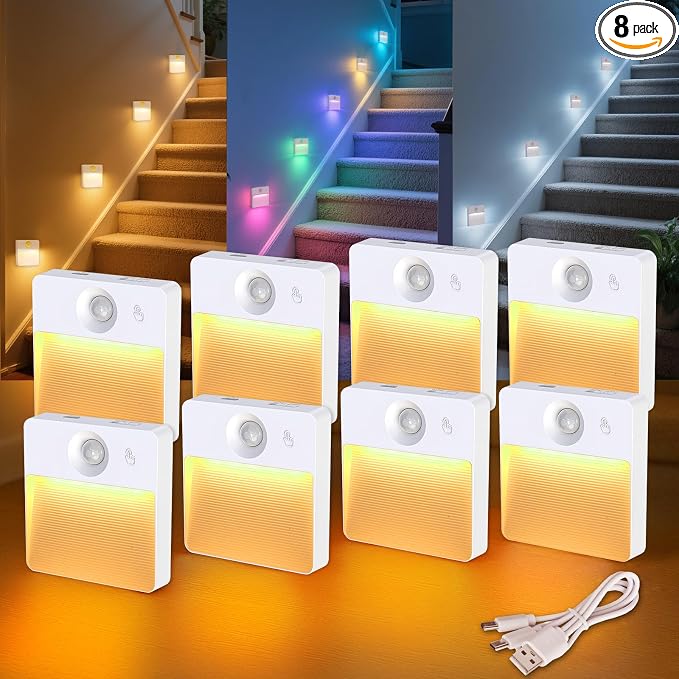 8 Pack Rechargeable Stair Lights for Indoor, Motion Sensor Night Lights | RGB, Stepless Dimming, Automatic, Magnetic, Battery Operated LED Lamp for Step Toilet Hallway Under Cabinet Closet Wall