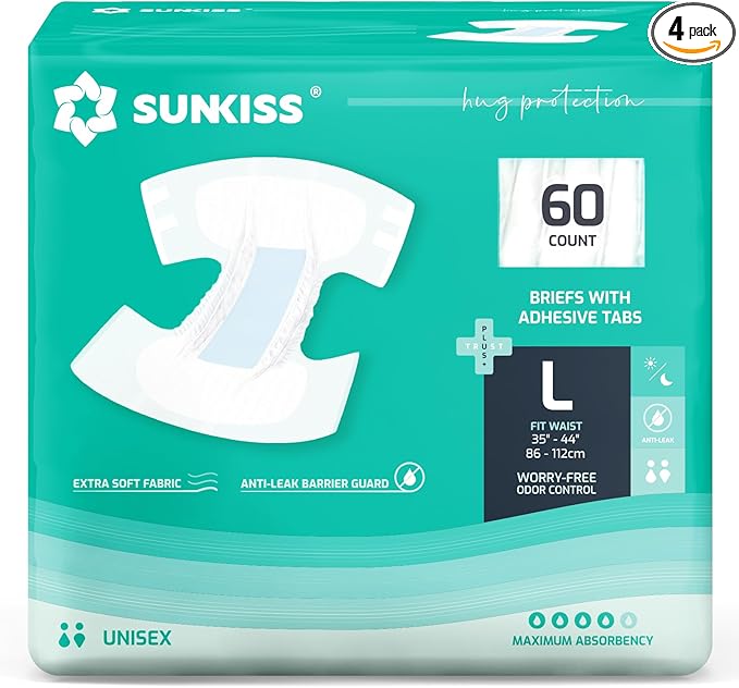 SUNKISS TrustPlus Adult Diapers with Maximum Absorbency, Disposable Incontinence Briefs with Tabs for Men and Women, Large, 60 Count (4 Packs of 15)
