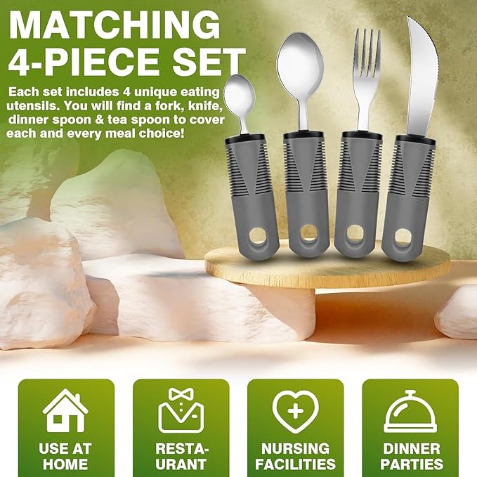 Adaptive Utensils 4 Piece Set Weighted Utensils for Hand Tremors Easy Grip Parkinsons Utensils Extra Wide Handles Built up Utensils for Adults with Knife Fork Spoon for Disabled Arthritis People（Grey）