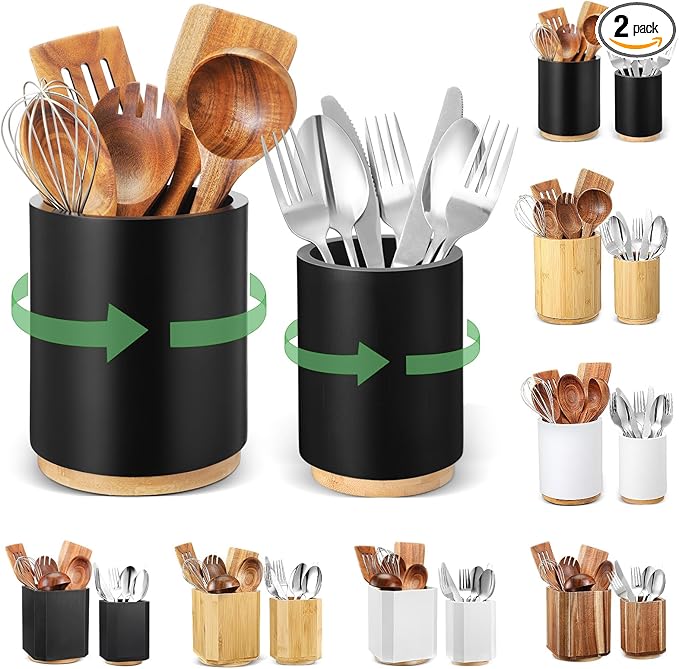 2 Pack Wooden Utensil Holder, 360°Rotating Kitchen Cooking Utensil Crock, Spoon Spatula Holder for Kitchen Counter, Farmhouse Countertop Organizer(Black,Round)