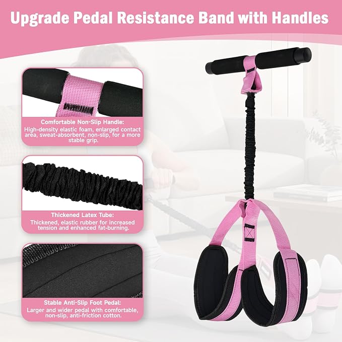 Upgraded Pedal Resistance Band with Handles, Upgraded Latex Exercise Band with Soft Non-Slip Foot Pedals, Full-Body Workout Equipment for Home Gym, Core Training, Pilates, Yoga