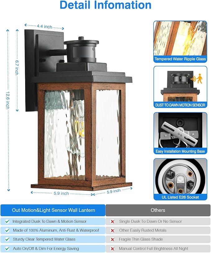 VIANIS Dusk to Dawn Outdoor Lighting for House, Outdoor Lights Fixture, E26 | Lantern with Waterproof, Anti-Rust 100%, Weather Resistant, Wood Grain Motion Sensor Garage Light Sconce Wall Mount, 2 Packs