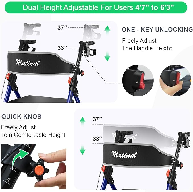 Walkers for Seniors, Rollator Walker with Seat, Walkers for Seniors with seat, 350 lb Capacity,with 8'' Big Wheels, Rolling Walker (Blue)