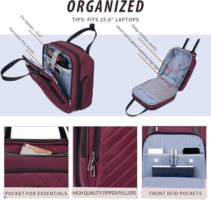 VANKEAN Carry On Underseat 16-inch Multi-functional Underseater Lightweight Overnight Suitcase with Wheels, Roller Case for Men Women Travel Business, Burgundy