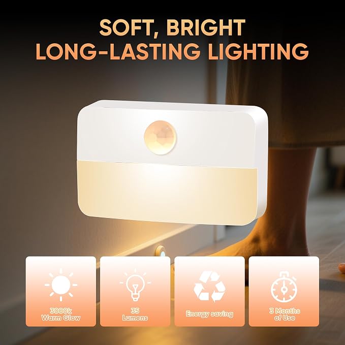Motion Sensor Night Lights Indoor: Battery Operated Stair Lights 6 Pack | Battery Sensor Lights LED 35 Lumen 3000k for Step Hallways Closets Wall Bedroom Cabinets - Indoor Night Light Set
