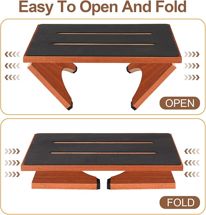 Step Stool Foldable, Wooden Step Stool with Non-Slip Rubber Stepping Feet, Folding Platform Step Stools for Adults Seniors in Kitchen, Home, Bedroom, Office, Rv, Easy to Carry,450 LBS Capacity (Brown)