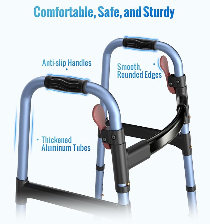HOMLAND Standard Walkers for Seniors, 6.5lb Lightweight Foldable Walker | One-Hand Folding, 8 Height Adjustments, 350lb Capacity, Easy to Assemble, 2 Skis, 5" Wheels, Aluminum Frame, Ocean Blue