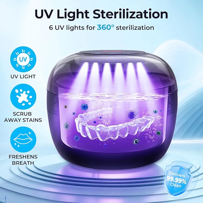 Ultrasonic Retainer Cleaner Machine, Denture Cleaner for Mouth Guard, Night Guard, Aligner, Dentures,Braces, Jewelry, 45kHz 250ML UV Ultrasonic Denture cleaner Ultra Sonic Cleaning for Retainers Black