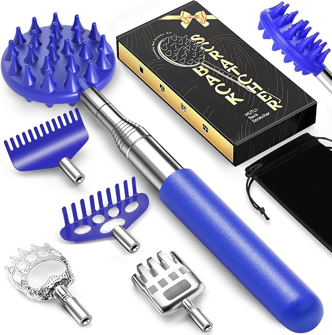 Telescoping Back Scratcher with 5 Detachable Heads, Gift for Men Blue | 10-30" Reach, Stainless Steel Pole, Rubber Grip, Christmas Stocking Stuffers, White Elephant, Anniversary and Birthday Gift