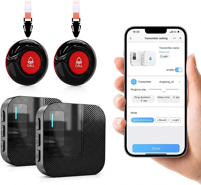 SanJie WiFi Caregiver Pager with Remote App Alerts & Family Sharing, IP55 Water-Resistant Call Button for Elderly at Home, Recovery Care & Night Care, 110dB Loud Alarm & 20 Chimes (Only 2.4GHz Wi-Fi)