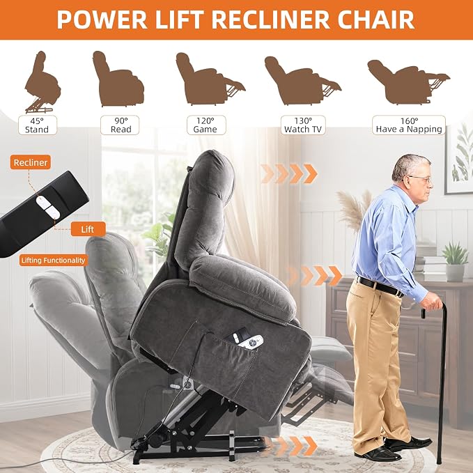 Power Lift Recliner Chair for Elderly with Vibration Massage and Lumbar Heating Electric Recliner Sofa with Cup Holders and USB Charge Port for Living Room Comfort