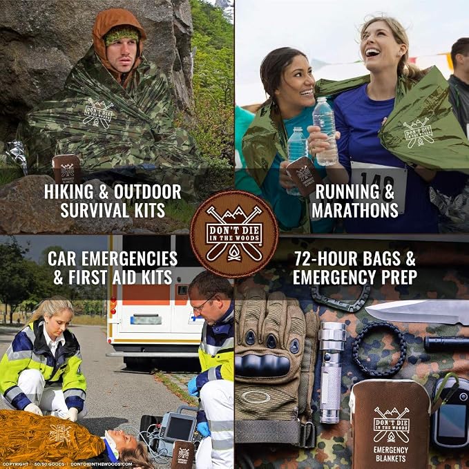 Don't Die In The Woods - World’s Toughest Emergency Blankets [4-Pack] Extra Thick Thermal Mylar Space Blanket - One of The Ten Essentials Outdoor Survival Gear Hiking Camping First Aid Kit (Orange)