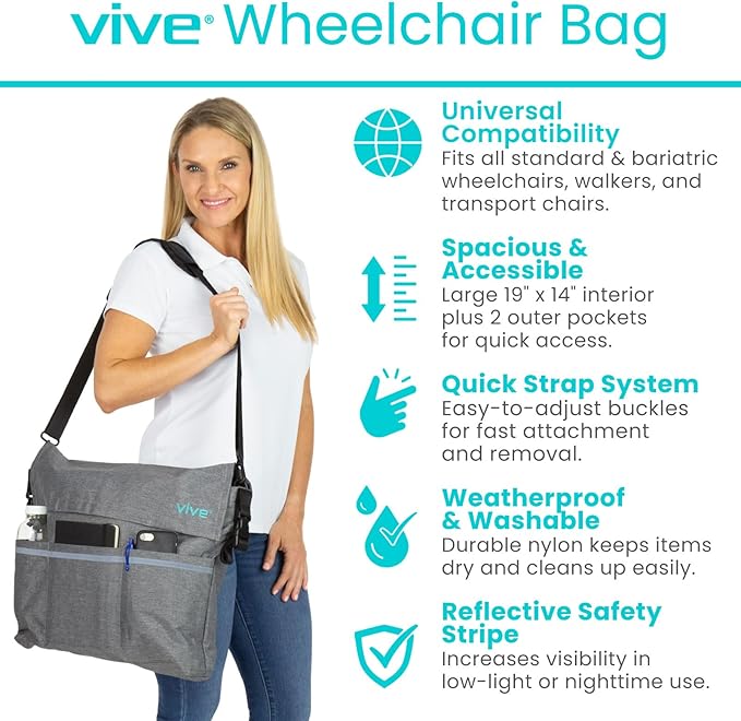 Vive XL Wheelchair Accessories Bag - Waterproof, Scratch-Resistant, Double-Stitched, Machine Washable for Adults, Seniors, 15 Colors - Storage Walker Backpack to Hang on Back