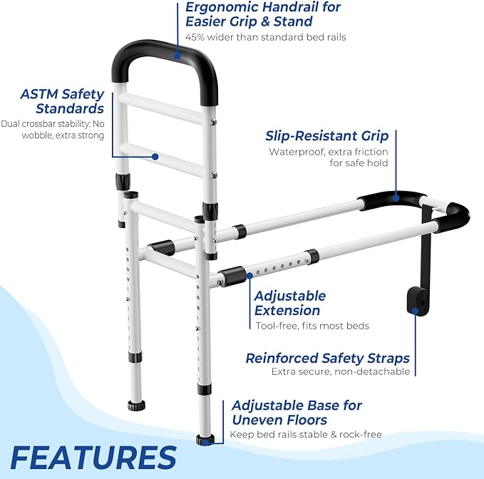 KingPavonini Bed Rails for Elderly Adults Safety 2026 Upgrade, ASTM-Approved Bed Rails for Seniors with Anti-Wobble Adjustable Feet, 400lb Bed Cane, Non-Slip Handle & Storage Bag, No-Tools, Model GS04