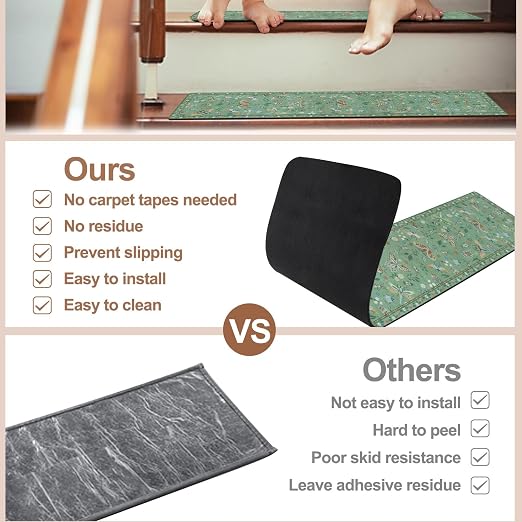 OJIA Insect Non-Slip Stair Treads for Wooden Steps 4PC 30"X8" Stair Runners | Indoor Anti-Slip Stair Rugs Safety Mats for Dogs, Kids & Elders, Rubber Backed Stair Treads Stair Covers, Green