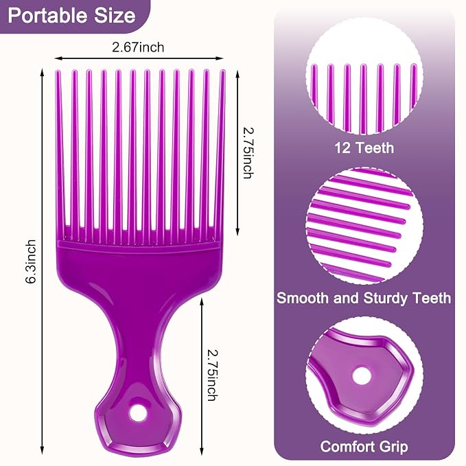 SIMPOR 2 Pcs Hair Pick Comb Wide Tooth Lift for Hair Styling Detangling Plastic Afro Pick for Women Men (Purple, Pink)