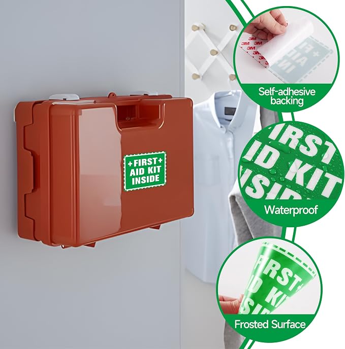 4PCS First Aid Sign Sticker, Self-Adhesive Waterproof First Aid Decals for First Aid Boxes, Emergency First Aid Kit Inside for Home, Car, Office, School, Factoryor Business 5.1''x3.9''