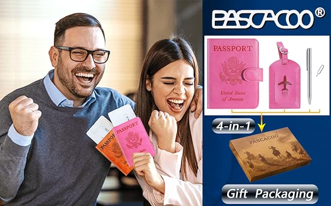 Passport Holder With Luggage Tag Cover Wallet RFID Blocking Leather Case Travel Essentials Accessories Travel Must Have(114#Pink)