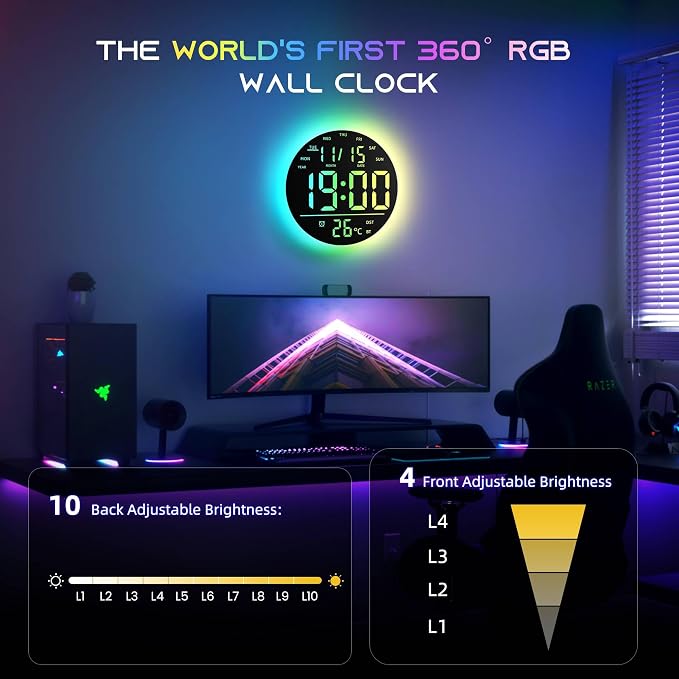 EASYERA 10" Large Digital Wall Clock with Remote Control, Music Sync RGB Atmosphere Light, Low-Reflectivity, Temperature, LED Display, Dual Alarms, BT Sync, Auto DST for Bedroom and Classroom