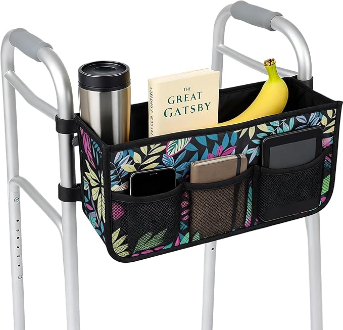 Walker Basket - Foldable Walker Bag with Cup Holder - Fits Folding Walkers - Ideal Walker Accessories for Seniors with Limited Mobility to Carry Water Bottles, Books, Essentials & More (Green Leaves)