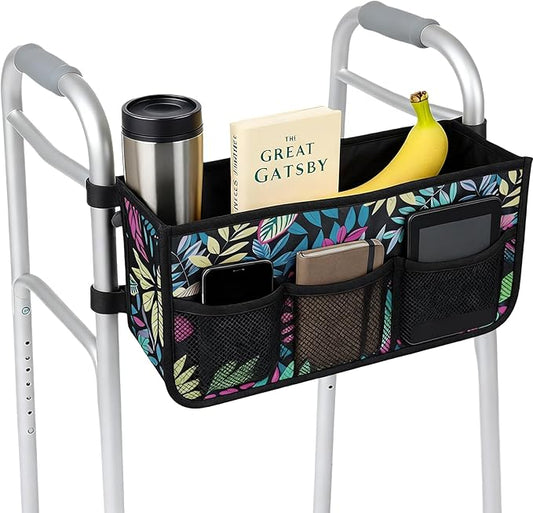 Walker Basket - Foldable Walker Bag with Cup Holder - Fits Folding Walkers - Ideal Walker Accessories for Seniors with Limited Mobility to Carry Water Bottles, Books, Essentials & More (Green Leaves)