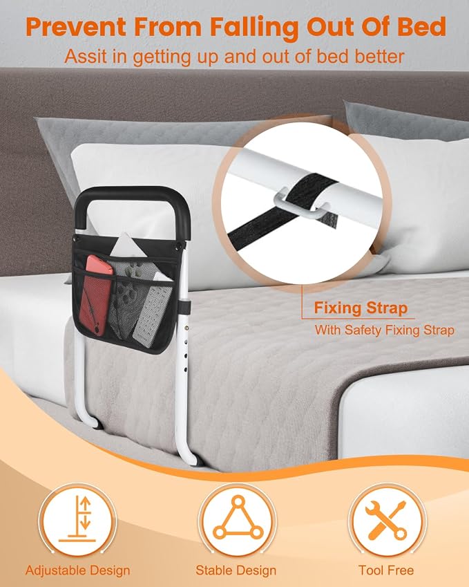 Bed Rails for Elderly Adults Safety - Adjustable Bed Assist Rail for Seniors - Stable Bed Side Rails Handle Support Bar Beds Guard Rail with Storage Bag & Fixing Strap, Fit King Queen Full Twin