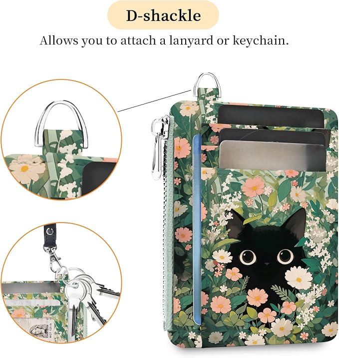 Hancynir Black Cat Floral Slim Wallet Women Credit Card Holder, Small RFID | Zipper Pocket Wallet, Thin Travel Coin Purse, PU Leather, Minimalist Card Case, 6 Card Slots, ID Window, Ladies Women Gifts