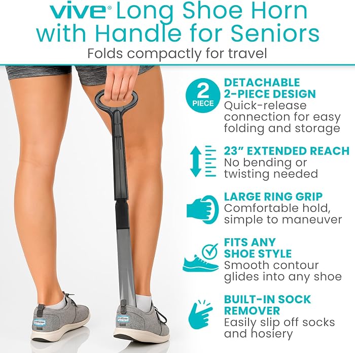 Vive Long Shoehorn for Seniors with Handle 23" | Sock Remover, Long Handled for Men & Women, Boot Shoe Helper and Sock Aid, Extra Reach, Patent-Pending Foldable