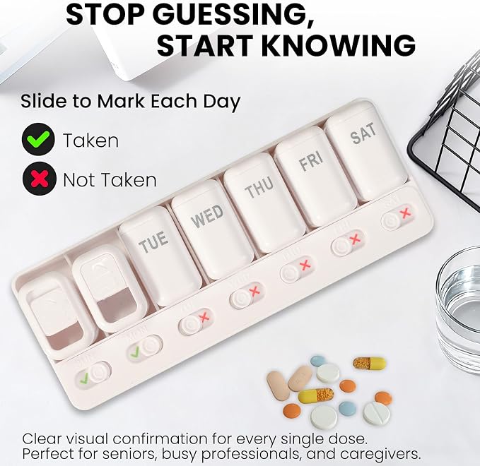 Weekly Pill Organizer with Taken/Untaken Tracker, 7 Day Daily Pill Box for Vitamins Medication Supplements, Large Compartments, Easy Open Leak-Proof Portable Travel Pill Container, BPA Free,White