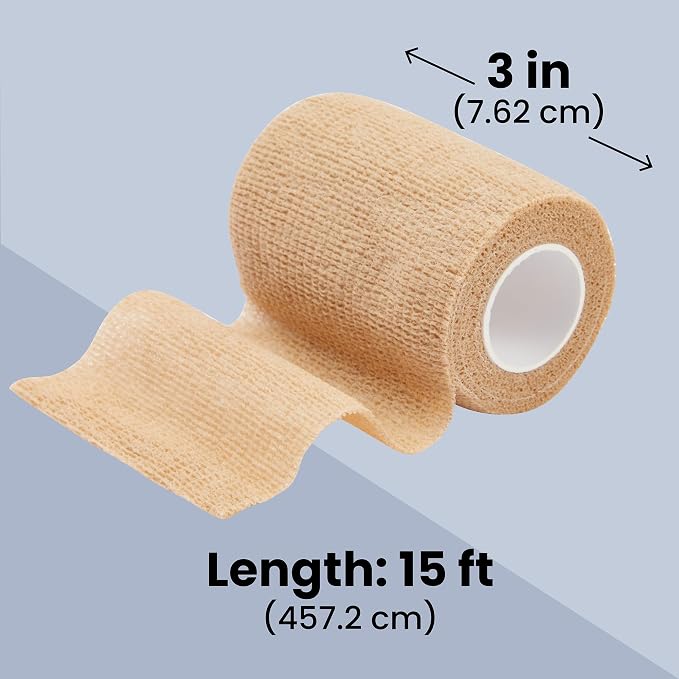 Juvale Self-Adherent Cohesive Wrap - Breathable Support Athletic Tape - Snug Fit for Tattoo Equipment - Swelling & Strain Aid Sports Tape - 3 in x 5 yd, Pack of 12, Tan