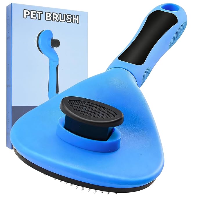 Self Cleaning Slicker Brush for Dogs & Cats, Deshedding Tool with Ergonomic Non-Slip Handle, One Button Hair Removal, Blue