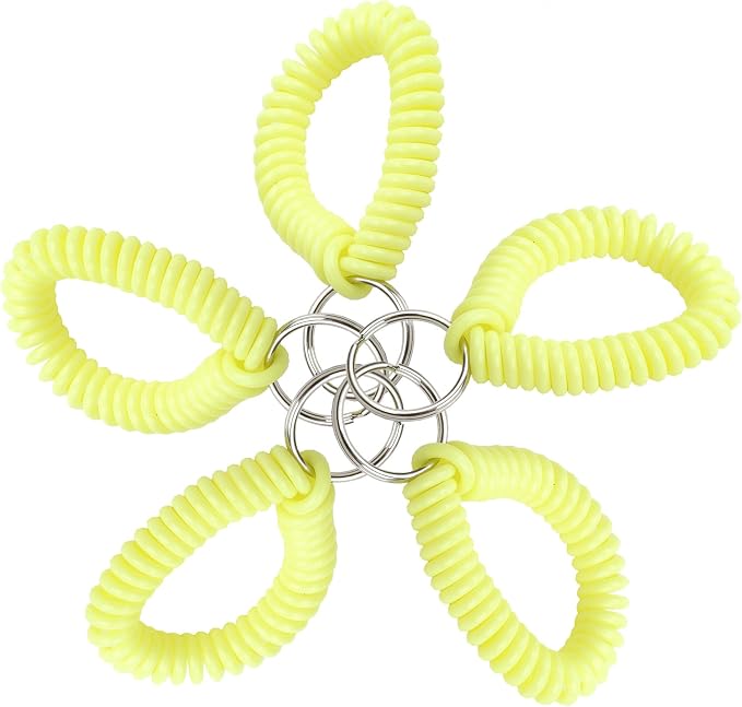 Lucky Line 2” Spiral Wrist Coil with Steel Key Ring, Flexible Wrist Band Key Chain Bracelet, Stretches To 12”, Neon Yellow, 5 Pack (4108605)