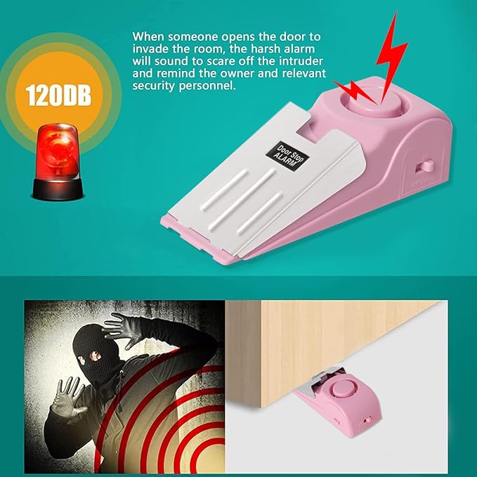 HNHMT 2 Pack Portable Door Stop Alarm, Door Stopper with 120db Loud Security Alarm, Travel Door, Doorstops Wedge Sensors Security Devices for Traveling Apartment Hotel and Home (Pink)
