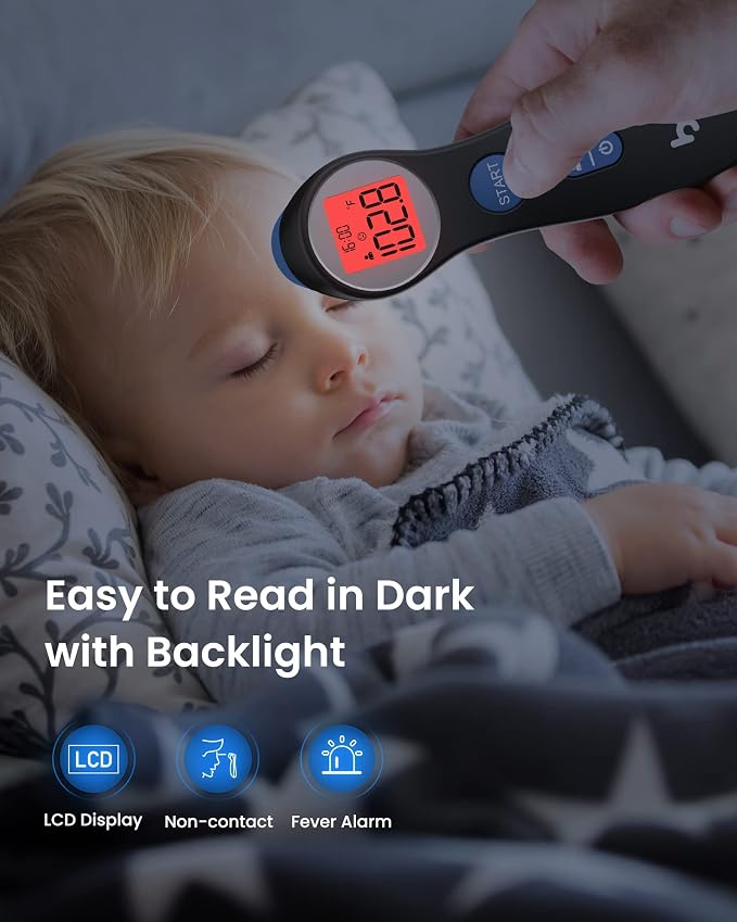 Forehead Thermometer for Adults and Kids, Digital Baby Thermometer | 1s Fast Accurate Reading, 3 Color Fever Alarm, Forehead & Object Mode, Non Contact, Battery Included