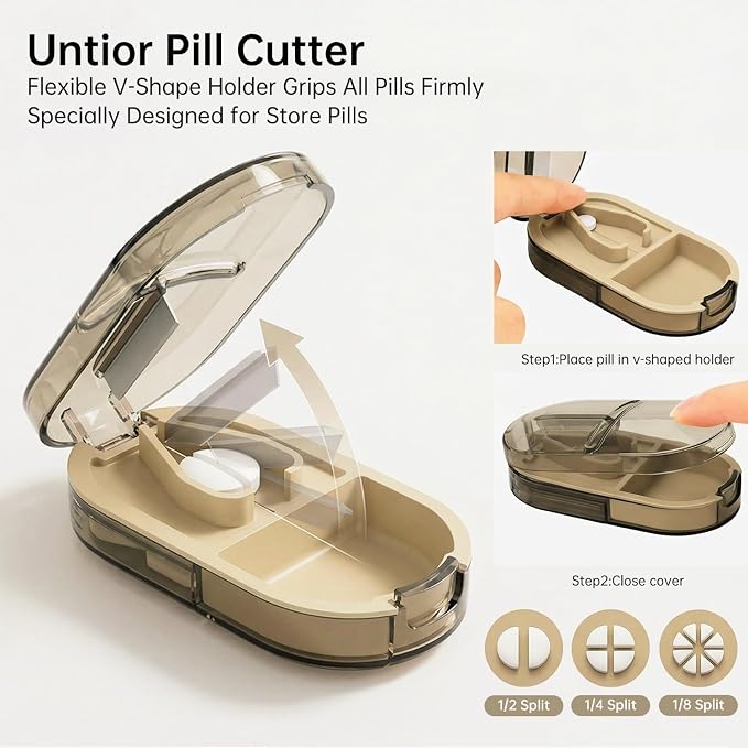Pill Cutter Splitter for Small or Large Pills, Portable Pill Splitter with Hidden Professional Organizer and Brush, Tablet Cutter Medicine Slicer, Coupe Pilule for Tablets and Vitamins(Brown)