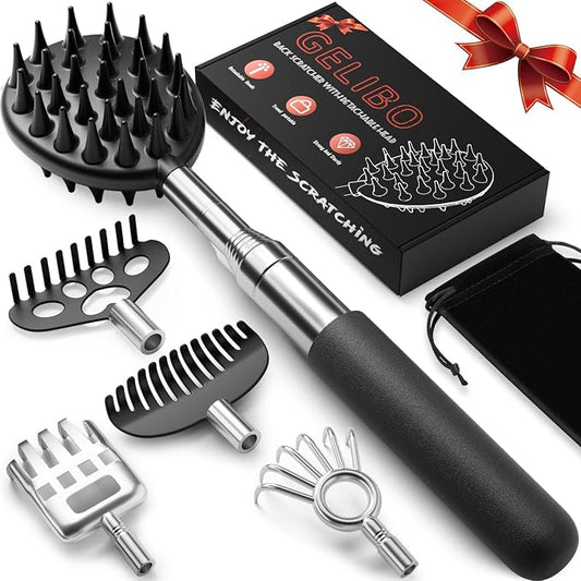 Telescoping Back Scratcher with 5 Detachable Heads, Gifts for Men Dad Black | 10-31'' Reach,Stainless Steel, Non-Slip Grip, Birthday Gifts for Men Women, Christmas Stocking Stuffers, White Elephant Gifts