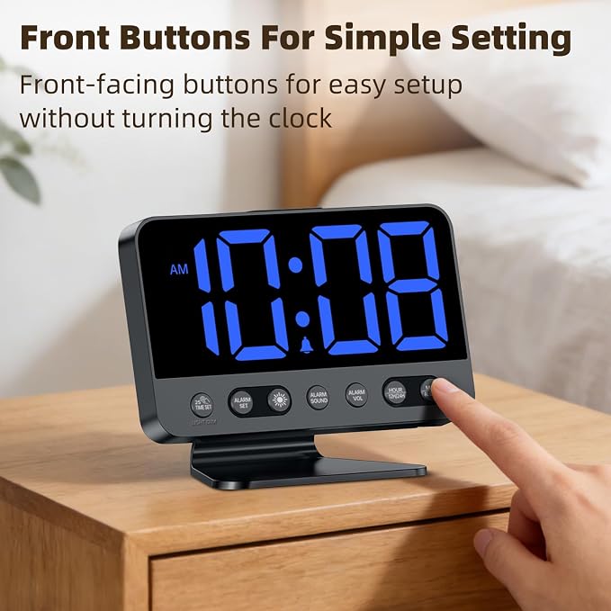 AuroraCalm Digital Alarm Clock with Large Numbers for Bedrooms: Bold Display Readable Across The Room with 5 Level Brightness - 5 Alarm Sounds 8 Night Lights for Kids Seniors Teens - Blue