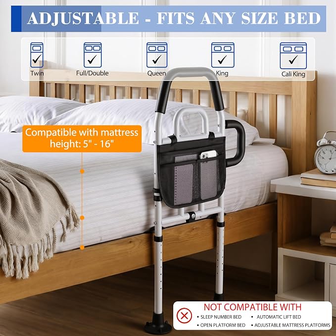 Bed Rails for Elderly Adults Safety, ASTM Approved Upgrade Bed Assist Rail for Seniors - Adjustable Bed Cane with Non-Slip Ergonomic Handle & Storage Pocket, Fit King Queen Full Twin Beds