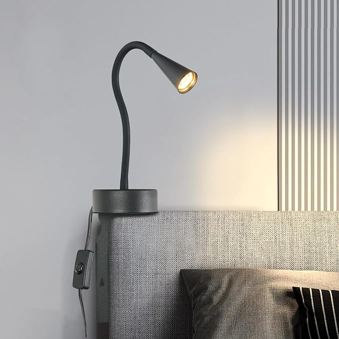 Black Headboard Reading Light, No Drilling Wall Mounted Reading Lights for Bedside, Book Light for Bedtime Reading, Buttonless Dimmable Reading Lamp, Movable Gooseneck Reading Sconces for Bedroom