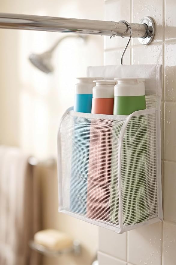 ALYER Hanging Mesh Shower Caddy Organizer Bathroom Storage Bag with Hooks for College Dorm, Gym, Swimming,RV and Travel,White
