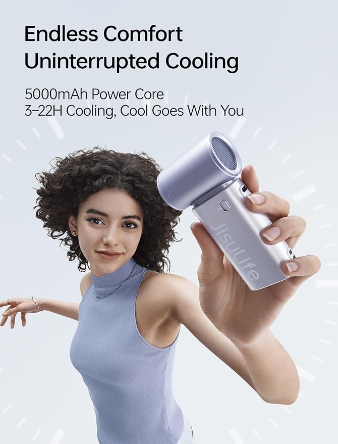 JISULIFE Handheld Fan Life9S - Sleek Chrome: Turbo Power, 22 Hours Cooling | LED Display, 5000mAh, 5-Speeds, Mini Portable Fan for Travel, Cruise, Concerts, Trendy Gifts for Women Men -Blue