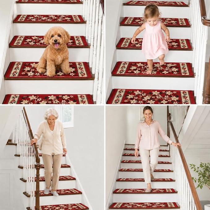 Rounded Bullnose Carpet Stair Treads for Wooden Steps Indoor, No Tape Non Slip Step Mats with TPU Backing & Steel Reinforced Edge for Dogs Elders,Red Floral,14