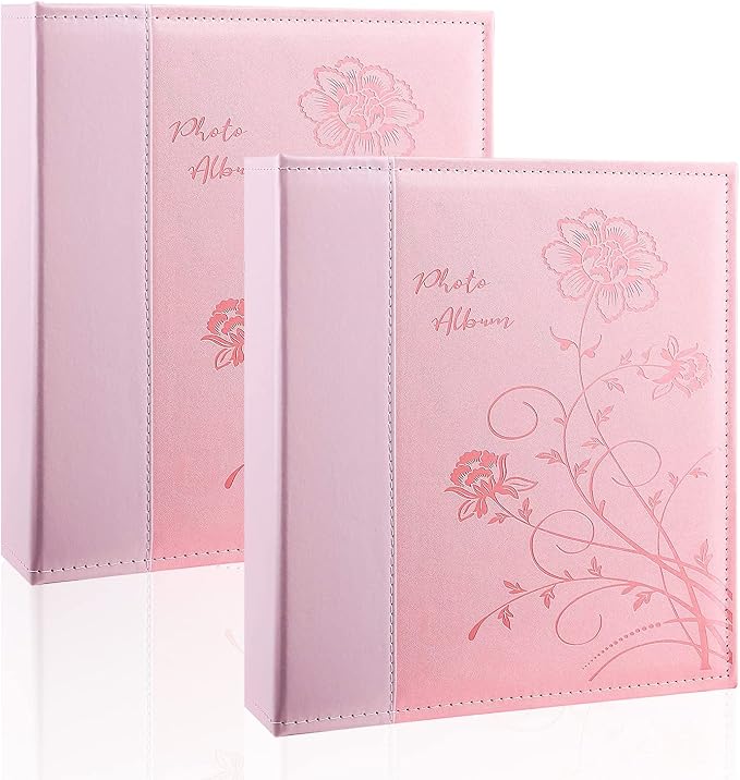 Photo Album 8x10 2 Packs Clear Pages Pockets Leathe Cover Slip Slide in Photo Album Each Holds 100 Vertical 8x10 Photos Picture Book for Wedding Family (Pink)