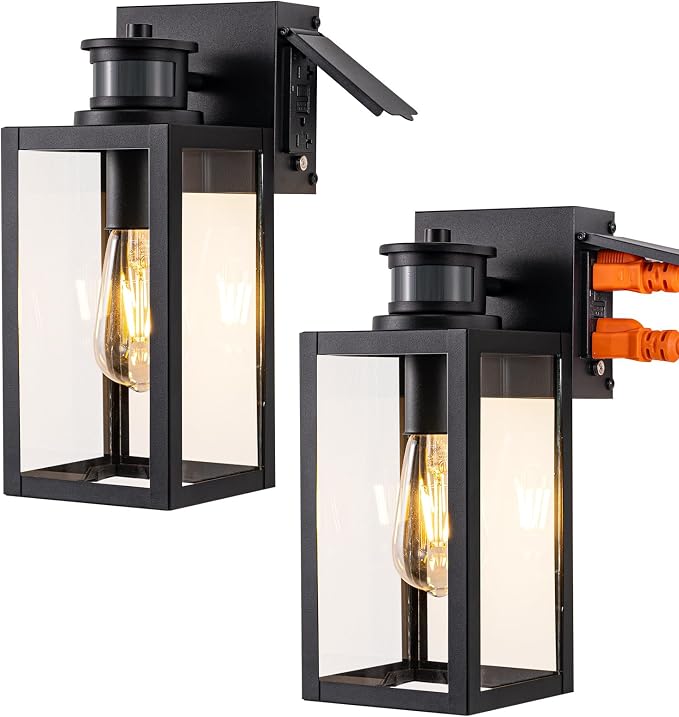 EDISHINE 2 Pack Outdoor Wall Light with Outlet Motion Sensor Dusk to Dawn | 3 Modes, GFCI, Anti-Rust & Waterproof, Clear Glass, Dimmable, E26, 12"H Exterior Porch Light for Front Door, Garage, Patio