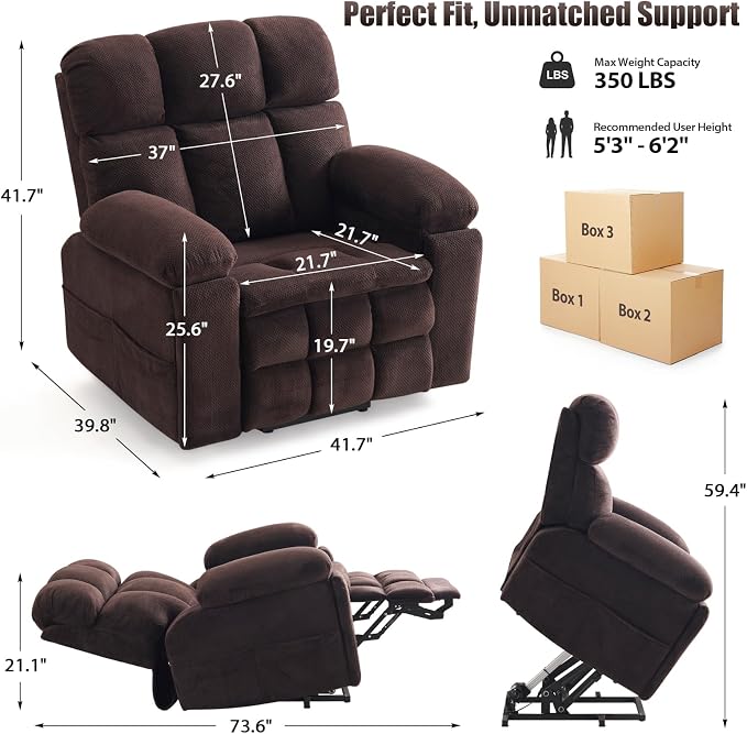 Power Lift Recliner Chair for Elderly, Dual Motor Oversized Recliner with Heat & Massage, Adjustable Headrest, Lay Flat Zero Gravity Recliner with Cup Holder, USB/Type-C Ports & Storage-Brown