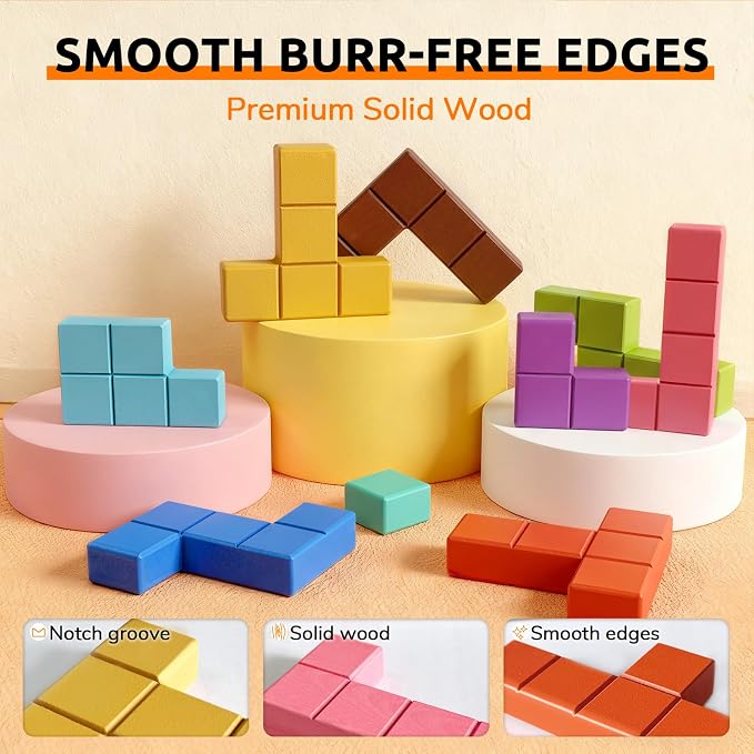 Wooden Tile Matching Game for Seniors, Dementia Activities with 40 Double-Sided Pattern Cards, Large Solid Wood Tiles and Felt Divider Storage Bag