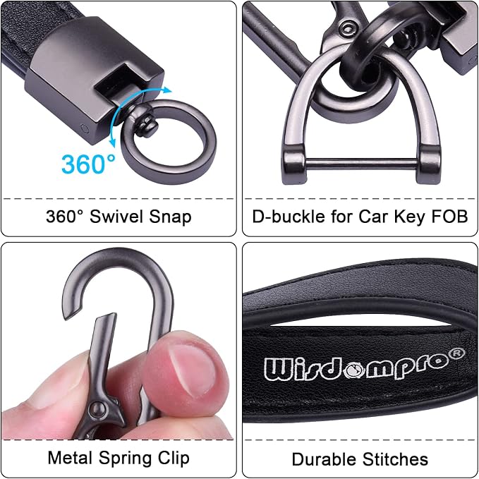 Wisdompro Genuine Leather Car Keychain, Universal Key Fob Keychain | Leather Car FOB Key Chain Holder for Men and Women, 360 Degree Rotatable, with Anti-lost D-ring and 3 Keyrings